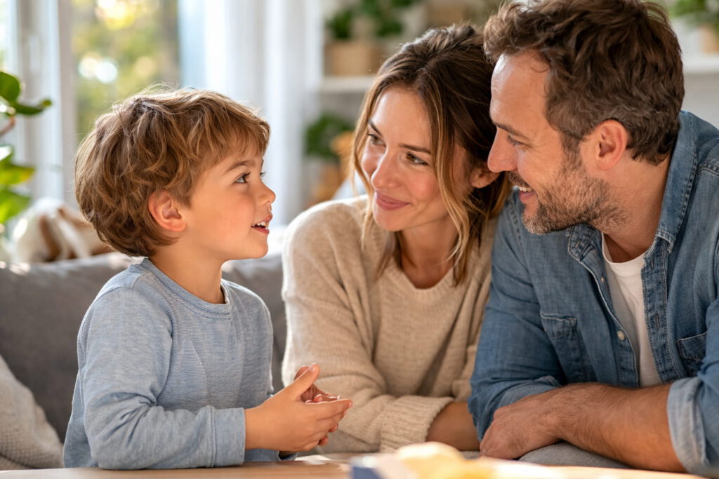 A five-year-old child talking to their parents who are leaning down to eye level, demonstrating active listening and a strong parent-child bond in a parenting counseling context.